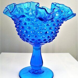 Vintage Aqua Blue Glass Hobnail Compote Vase 6” Tall